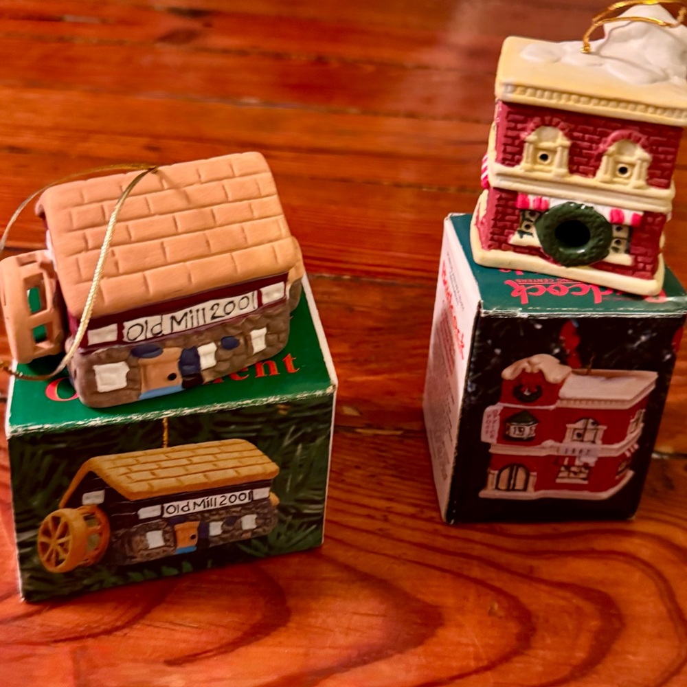 Set of 2 Vintage Badcock Bell Ornaments Old Mill & Post Office in Original Boxes